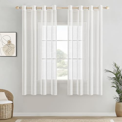 EMEMA Voile Vorhang Sheer Leinenvorhang Transparente Leinen Gardinen Ösenschal Wohnzimmer Wohnzimmer Modern 2er Set Fensterschal Dekoschal Schlafzimmer mit Ösen 140 x 160cm (B x H) Weiß