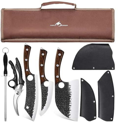 Purple Dragon Butcher Knife Set - 9 Pcs Chef Knife Set - Hand Forged Serbian Chef Knives Meat Cleaver Boning Viking Knives Kitchen Knives with Roll Bag Christmas Gift for Men and Women