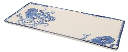 Keyhomestore- Vassoio rettangolare con Decorazioni Polipo Blu, realizzato in Ceramica dipinta a mano, Lunghezza 36 cm, ideale da tavola per servire antipasti e pietanze