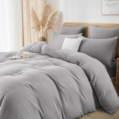 Luofanfei Baumwolle Bettwäsche Muslin 135x200 Grau Hellgrau Renforce Einfarbig Sommer Kühlende Boho Bettwäsche Set Knitterlook Weich Bettbezug Bügelfrei mit Reißverschluss und Kissenbezug 80x80cm