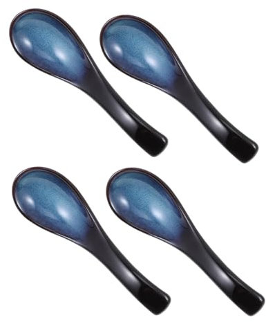 Hoement Japanese Ceramic Soup and Rice Spoons Blue Curved Porcelain Utensils for Household and Restaurant Use 4pcs Set