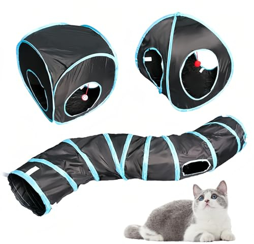 Focenat 3 in 1 Tunnel per Gatti, Pieghevole Tunnel Gatto, Giochi Interattivo per Gatti con Palla di Campana, Pop Up Tenda di Gatto, Casetta di Gatti Portatile, Giochi Tunnel per Gatti Cani Conigli (B)