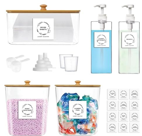 FEXIA 3+2 Pack Laundry Pods Containers and Dryer Sheet Holder with Laundry Detergent Dispenser Laundry Room Organization Storage Containers with Lids and Labels for Scent Booster,Powder,Pods