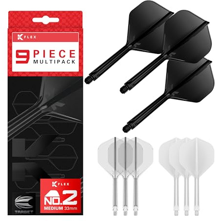 Target Darts K-Flex Integrated Dart Flights and Shafts, Kflex 9 Pack Bundle, Multipack – K Flex 3 Farben | Schwarz, Weiß, Klar, Rot, Grün, Blau, Pink, Orange, Gelb | Short, Intermediate, Medium