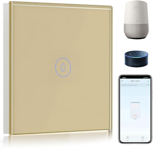 BSEED WiFi Interruptor para Calentador de Agua 40A, Interruptor Eléctrico para Termo Compatible con Amazon Alexa y Google Home con Pantalla Táctil de Cristal, Oro(Requiere Cable Neutro)