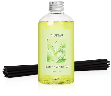 DIUFJAG 250ml - Jasmine Weißer Tee Diffusor mit 6 Duftstäbchen,Raumduft Reed Diffuser Home Duft Refill Lufterfrischer für Badezimmer,Schlafzimmer Büro