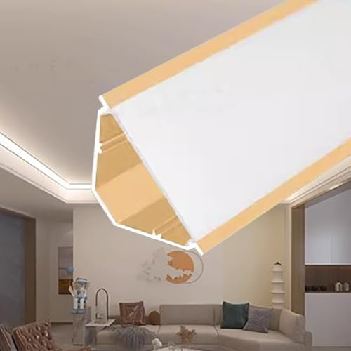 XMWOEIX LED-Profil, V-förmiges Lichtleisten-Diffusor-Schienensystem, indirektes LED-Dekorationsbeleuchtungsprofil aus Aluminium, extra breites Theater-Fußleisten-Gipsprofil (Gold, innerer Anschluss)
