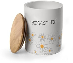 MECSAL CASALINGHI Barattolo Biscottiera, Porta Biscotti, Contenitore Cucina, in Ceramica Quadrato Rotondo, Tappo in Legno, bianco (1, ROTONDO DAISY)