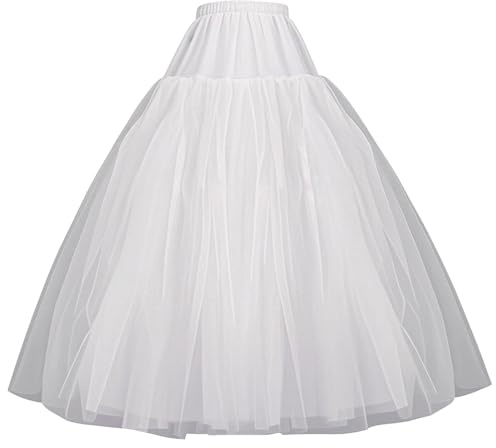 Women's Hoopless Petticoat 4 Layers Tulle Crinoline Underskirt Slips A-Line Floor Length Under Skirt to Make Dress Puffy for Bridal Wedding Dress Ball Gown White