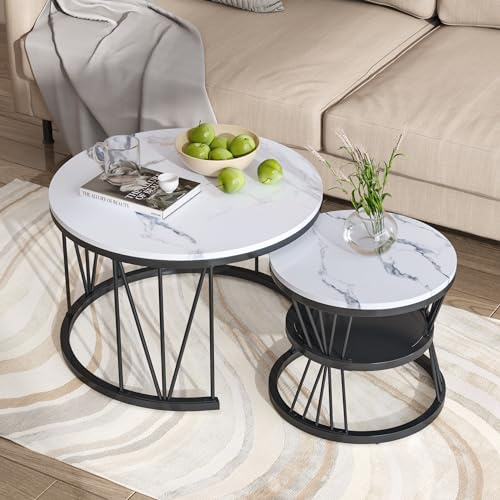 MISNODE Set med 2 runda soffbord, modernt soffbord med metallben, set med sammankopplade vardagsrumsbord med fuskmarmormönster (svart + rund)