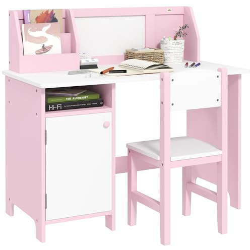 HOMCOM Set Tavolo e Sedie per Bambini 5-8 Anni in Legno con Banco Scuola, Set di Mobili per Bambini con Spazio Portaoggetti e Lavagna Bianca e Sedia, Bianco e Rosa