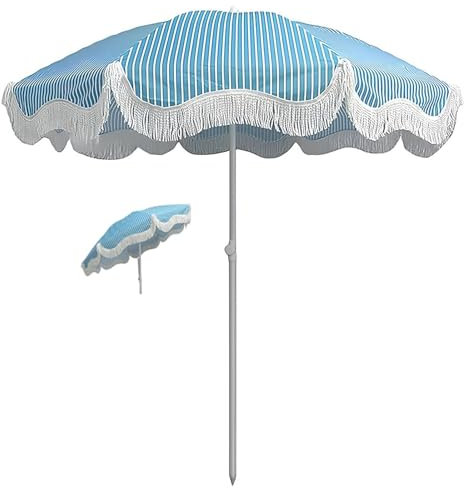 1.8M Blue White Stripes Beach Umbrella, Portable Fringed Garden Parasol, Patio Umbrella Round With Tilt Mechanism