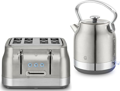 Swan Retro Revive Stainless Steel Traditional 1.7L 3KW Kettle & 4 Slice Toaster. Stovetop Inspired Design Kettle & Toaster Matching Retro Design Kitchen Electrical Set in Silver
