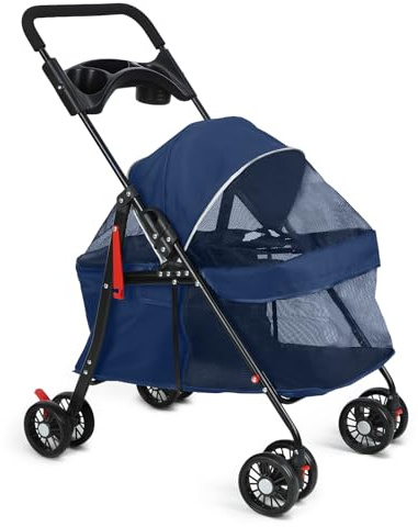 Hundebuggy bis 15 kg klappbar, Leichtgewicht Hundewagen mit Rollen und Getränkehaltern, Katzenwagen, Hunde Buggy für mittelkleine Haustiere (48 x 68 x 95 cm)