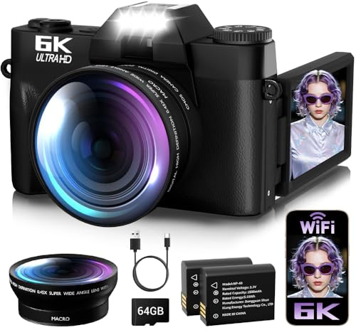 6K Digital Camera for Photography Autofocus, 2026 Upgraded 64MP WiFi Vlogging Camera for YouTube with 3 180° Flip Screen 16X Zoom, 64GB SD Card & 2 Batteries Compact Travel Camera for Beginners Teens