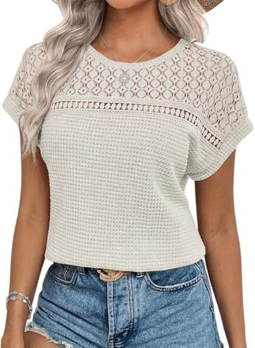 Chicrise T-Shirts Manches Courtes Femme Col Rond Chemisier Dentelle Tricot Blouse Chic et Élégant Ivoire Grand 42-44