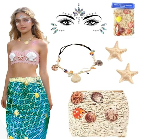 CUVZORA 5 Stück Meerjungfrau Kostüm Damen Mädchen Haarschmuck Stirnband Seestern Haarspangen Muschel Fischernetz Maritime Deko Gesicht Glitzersteine für Karneval Halloween Kostüm Zubehör Hexenkostüm