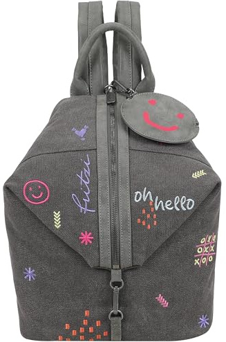 Fritzi Marit Limited Embro Fun Rucksack Canvas Damen Backpack Stickerei Festival City abnehmbares Pocket 31 x 26 x 13 cm - Anthrazit, Sand
