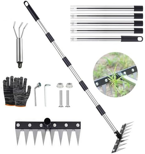 RURIZHONGTIAN Unkrautstecher mit Langem Stiel 185cm, 8 Zinken Unkrautrechen Rechen, Garden Harke, Terrasse und Garten, Gartenrechen, Unkrauthacke, Unkrautjäter Hand für Rasen