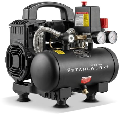 STAHLWERK Compressore con serbatoio da 3 L (ST-38 Pro) – senza olio & silenzioso, 8 bar, compressore d'aria con motori brushless, 1,60 CV, 1,18 kW, 190 l/min, compressore a pistoni silenzioso