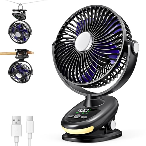 iNeibo 6000mAh Portable Clip on Fan with 180° Auto Oscillation, 6 Rechargeable Desk Fan with LED Lights & Timer, 5 Speeds, Quiet Small Table Fan for Bedroom Home Outdoor Camping Stroller (Black)