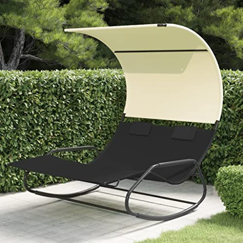 Mokuyary Doppel-Schaukelliege mit Sonnendach Schwarz und Creme, Strandliege Gartenliege Sonnenliege für Garten, Balkon, Terrasse, Camping, Strand und Pool