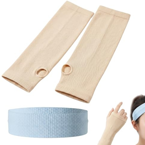 YILZAR Manicotti Braccia Anti UV e Fascia Capelli Set, Maniche Protettive Raffreddanti Senza Dita per Uomo e Donna, Protezione Solare per Ciclismo, Running, Golf e Copertura Tatuaggi, Color Carne