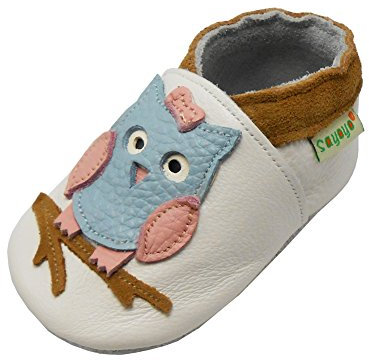 SAYOYO Weiche Leder Krabbelschuhe Baby Lauflernschuhe Jungen rutschfeste Babyhausschuhe Mädchen Kleinkind Lederschuhe, 18-24 Monate, Weiß Eule