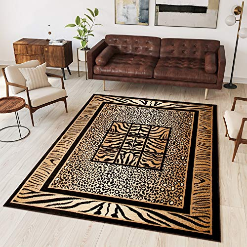 TAPISO Atlas Teppich Kurzflor Afrika Tiermuster Tiger Leopard Rahmen Braun Beige Schwarz Bordüre Wohnzimmer Schlafzimmer Modern Design ÖKOTEX 200 x 300 cm | Moderner Design Teppich für Wohnzimmer Esszimmer Schlafzimmer OEKO-TEX