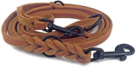 Fettleder Führleine 3-Fach verstellbare Lederleine geflochten für Hunde 96 Modelle zur Auswahl (2,40m x 8mm, Cognac, schwarz Matte Haken)