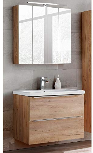 Lomadox Badmöbel Set mit LED-Spiegelschrank 3D, 80cm Keramik-Waschtisch, Wotaneiche & Hochglanz weiß, Breite 80cm