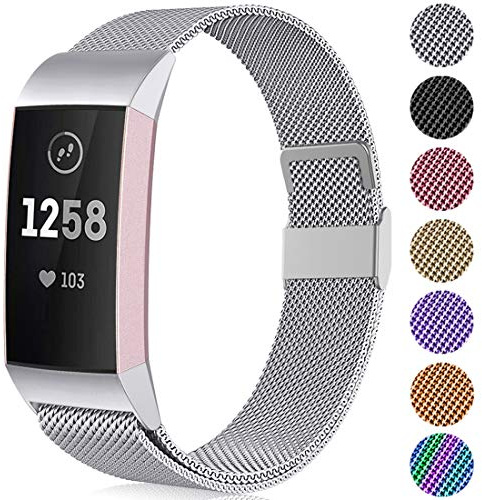 Faliogo Bracelet de Remplacement Compatible avec Fitbit Charge 3 Bracelet/Fitbit Charge 4 Bracelet, Bande Réglable en Métal en Acier Inoxydable pour Femmes, Petit Argent