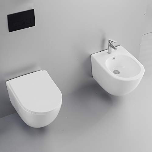 Yellowshop - Sanitari bagno sospesi filo muro - Wc rimless, copriwc soft close e bidet mod. Hoop