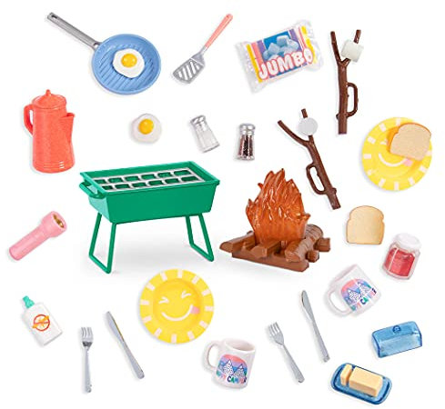 Glitter Girls GG57204Z Puppenzubehör – Lagerfeuer Zubehör Set mit Grill, Geschirr, Essen – Accessoires für 36 cm Puppen, Puppenhaus Puppenmöbel Spielzeug für Kinder ab 3 Jahre (32 Teile), Bunt