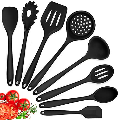 Herogo Küchenhelfer Set, 8-teilig Silikon Kochbesteck Set, Antihaft Hitzebeständig Küchenutensilien Kochgeschirr mit Silikonspatel/Löffel/Wender/Schöpfkelle - Schwarz