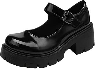 Womens Platform Mary Janes Shoes Sweet Toe Ankle Lolita Gothic Pumps Chunky Patent Leather