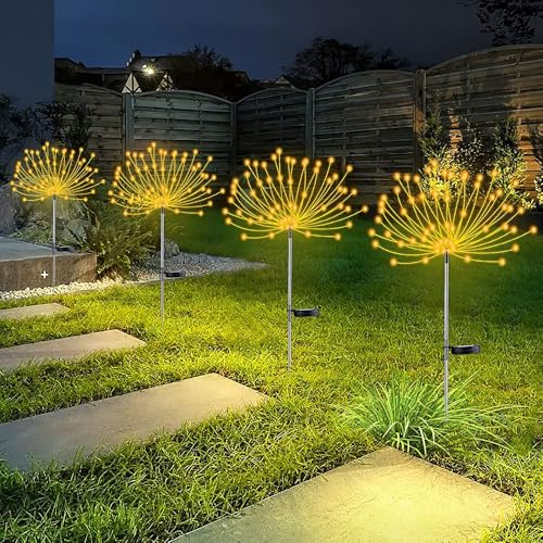YOTOZU 4 Stück Solar-Feuerwerk-Lichter, Outdoor-Solar-Garten-Dekorative Lichter, 120 LED, 40 Kupferdrähte, DIY-Landschaftslicht für Gehweg, Weg, Hinterhof, Weihnachtsdekoration, Partys