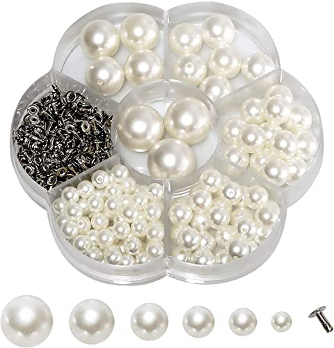 CENPEK 127 remaches de perlas de plástico blanco de 6 mm, 8 mm, 10 mm, 12 mm, 14 mm, 16 mm, tamaño mixto con base para manualidades, decoración, accesorios de ropa