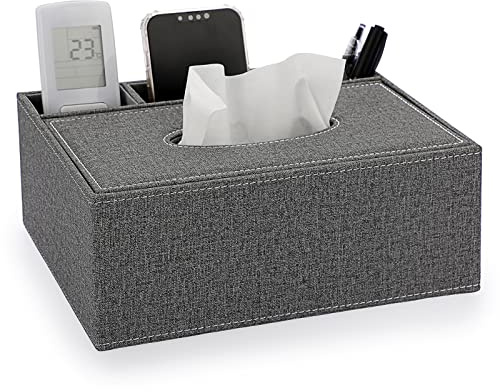 BTSKY Linen Household Office Rectangular Tissue Box with Remote Control Storage Organizer Box - Elegant and Stylish Home Napkin Holder Desktop Tissue Paper Holder Desk Storage Organizer (Grey)