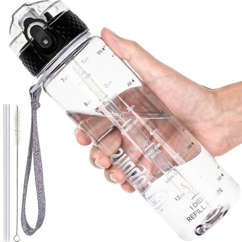 GOPPUS 500ml/17oz Botellas de Agua para Niños con Pajita sin BPA Botella de Bebidas a Prueba de Fugas para la Escuela Tritan Botella de Agua Deportiva Reutilizable Pequeños con Marcas de Tiempo