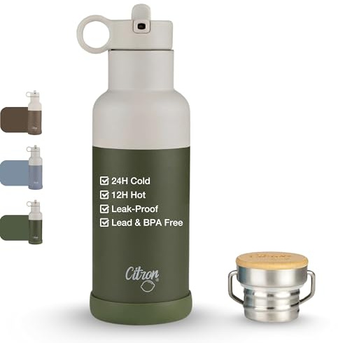 CITRON - Gourde Enfant avec Paille 500 ml - Conteneur Isolé Chaud/Froid - Acier Inoxydable - Vert