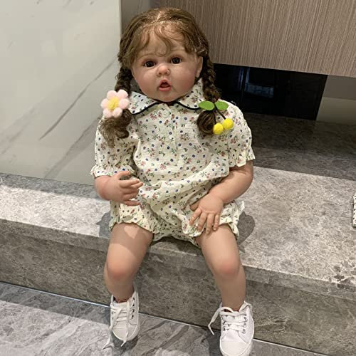 YIHANGG 60 cm Mädchen Kleinkind Puppe 24 Zoll 3D-Lackierung Stoffkörper Reborn Baby Puppe Aus Silikon Mit Sichtbaren Adern Lebensecht Lange Haare Prinzessin Kunst Bebe Geburtstag Geschenk