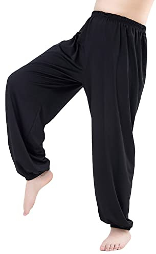 Libaobaoyo Kids Unisex Kung Fu Wide Pants Stretchy Elastic Waist Taichi Martial Arts Practice Trousers for Boys Girls Black