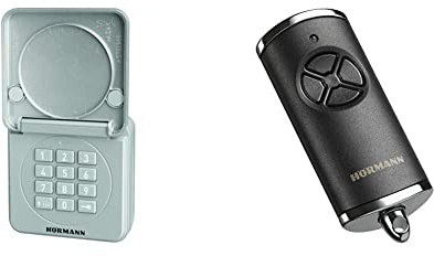 Hörmann Funk-Codetaster FCT 10-1 BS (868 MHz, für bis zu 10 Torantriebe, Tastatur beleuchtet, Klappdeckel, Farbe RAL 9006) 4511861, grau & Handsender HSE4 868-BS Struktur Chrom schwarz SW-Eu