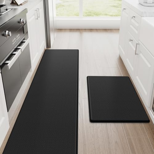 StepRite Kitchen Mats, 2PCS Kitchen Rugs, Cushioned Anti Fatigue Kitchen Mats for Floor, Non-Slip Standing Desk Mat, Waterproof Kitchen Rug Set for Kitchen, Floor, Office, 17.3x30+17.3x70, Black