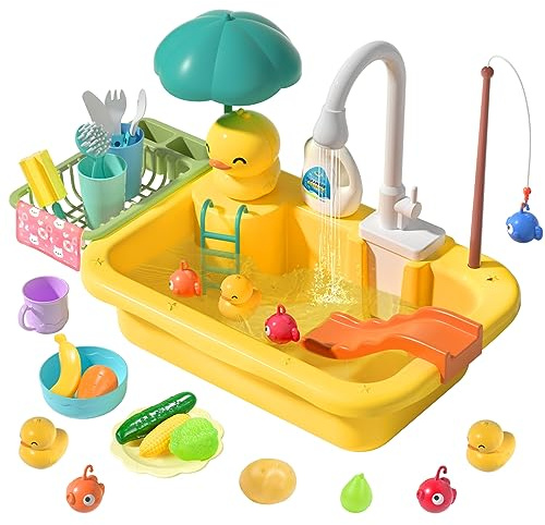 cute stone Play Sink with Running Water, Kitchen Toys Upgraded Electric Faucet, Food Toys, Pool Floating Fishing for Water Play, Kids Role Dishwasher Toy Gift Boys Girls, Yellow (CS606005)