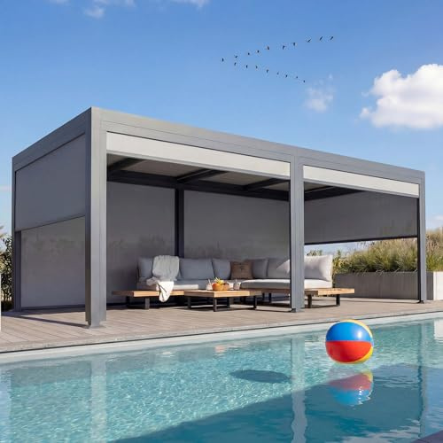 Alu Pergola HWC-L41 mit 6X Seitenwand, Lamellen-Pavillon, stabiles 8cm-Metall-Gestell 3x6m - anthrazit