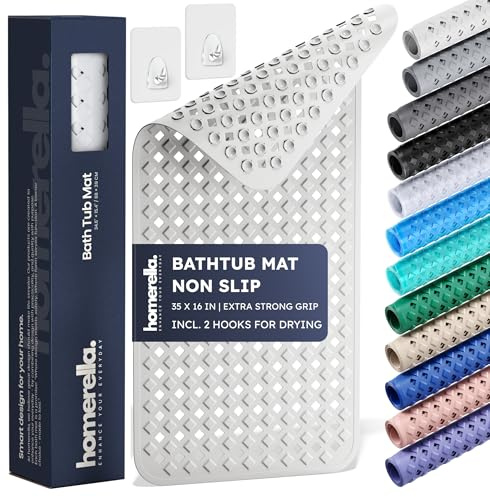 Bathtub Mat Non Slip 35x16 - homerella® Bath Mat Incl. Hooks for Drying, Extra Long, 100% BPA Free, Shower Mat Non Slip Anti Mold, Machine Washable, Shower Mats for Inside Shower Mildew Resistant