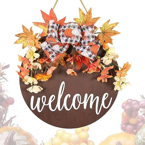 Cartello di benvenuto Decorazione per porta d'ingresso, rustico acero e fiocco, cartello da parete in legno, ghirlanda rotonda in legno da 30 cm, decorazioni stagionali per esterni Fulenyi