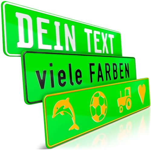 1 Fun-Schild geprägt | Neon-Grün mit Wunschtext bis zu 16 Zeichen | Individuelles Fun-Kennzeichen aus Aluminium | Namensschild | Auto-Kennzeichen | Optional Löcher & Saugnäpfe